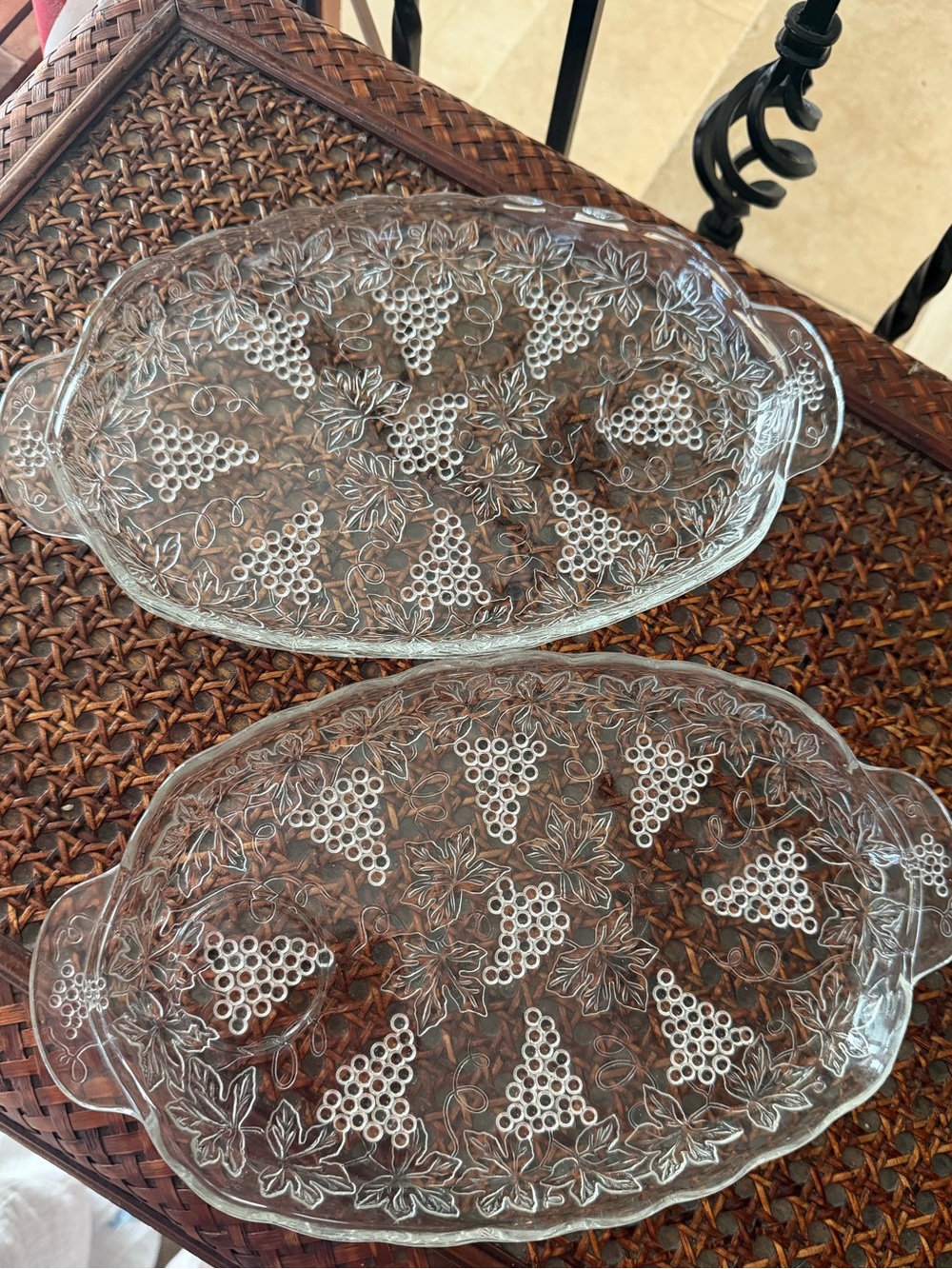 Clear Glass Grape Pattern Serving Platter - Set of 2 11x7 inches